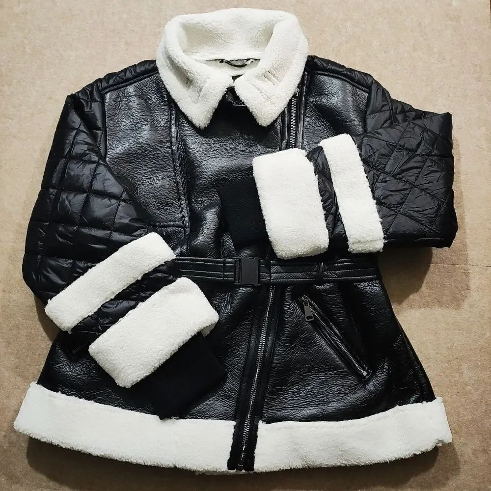 Faux Leather Black Zip Up Women's Coat -U